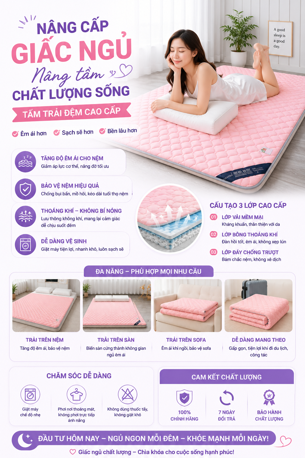 Thông tin chi tiết tấm trải đệm hồng phấn